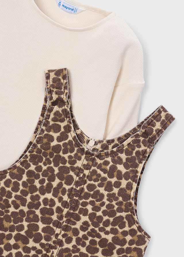 2pc Leopard Overall Denim Dress