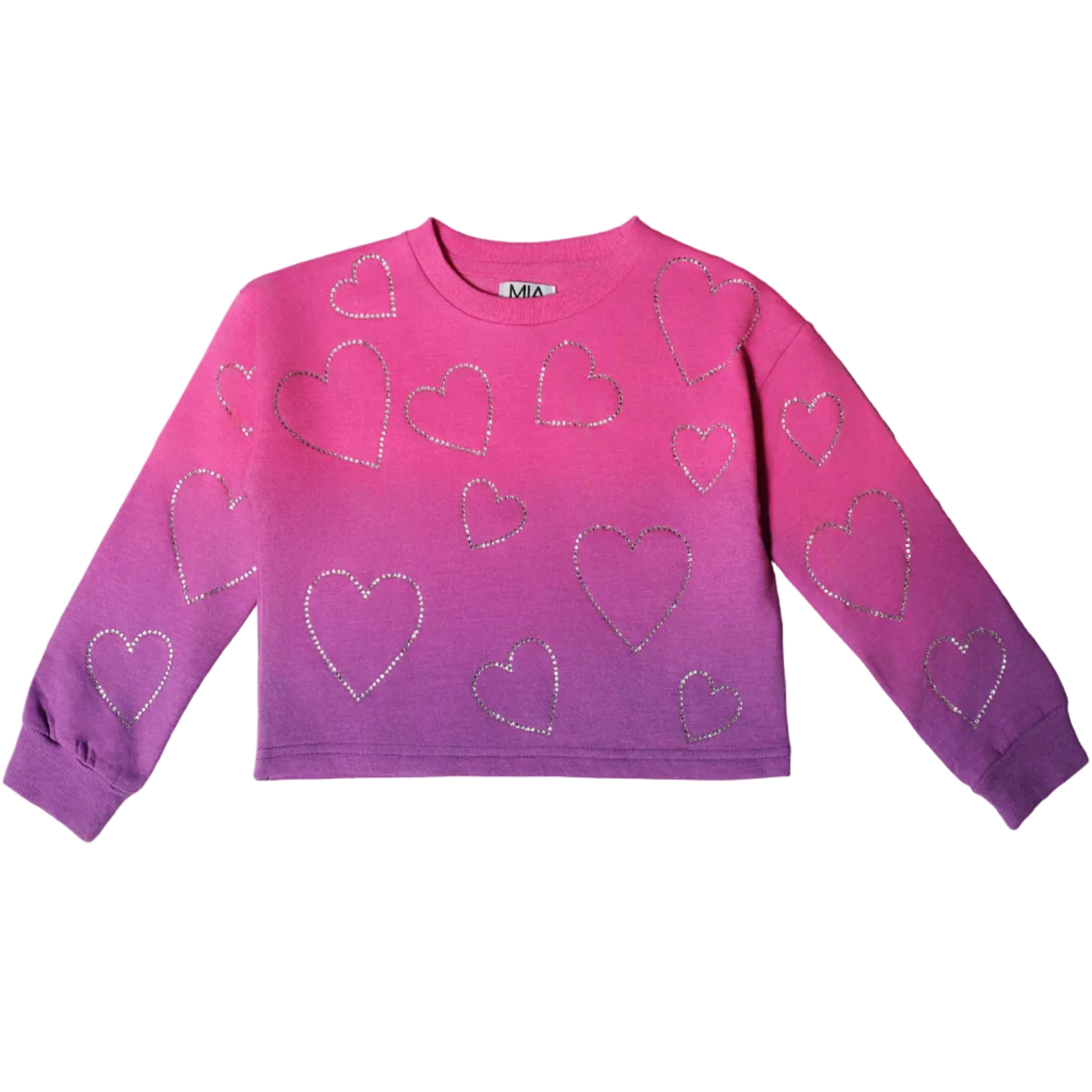 A pink and purple gradient long-sleeve crop top sweatshirt with rhinestone-embellished heart outlines, shown flat on a white background.