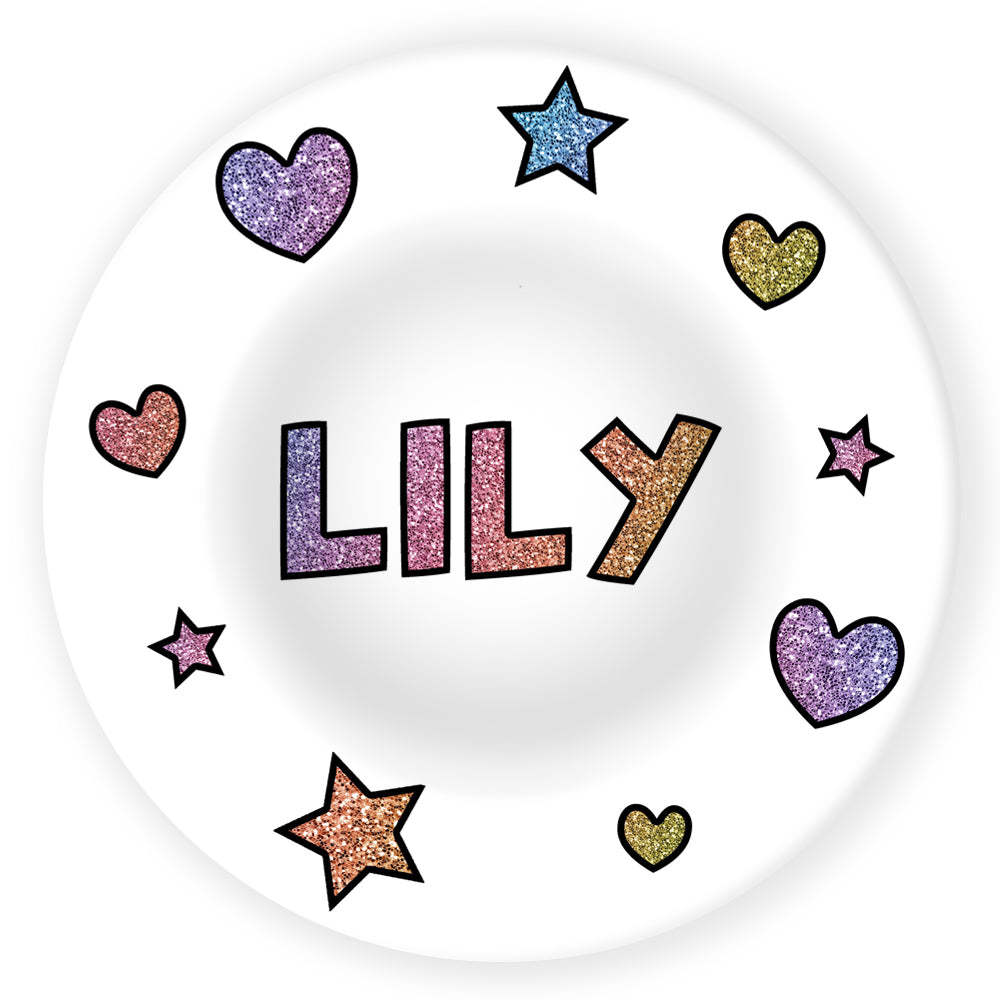 Personalized Sparkle Hearts and Stars Dishware