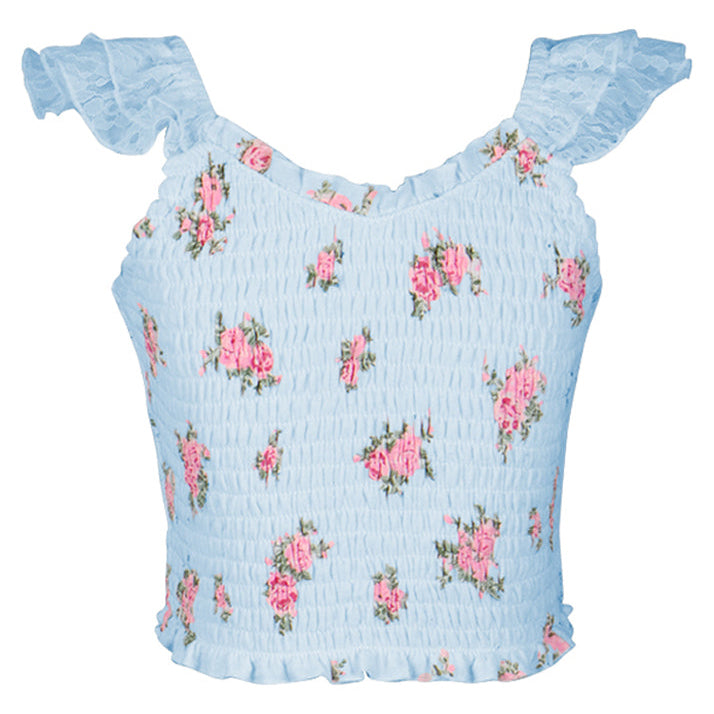 Blue Cabbage Rose Smocked Top