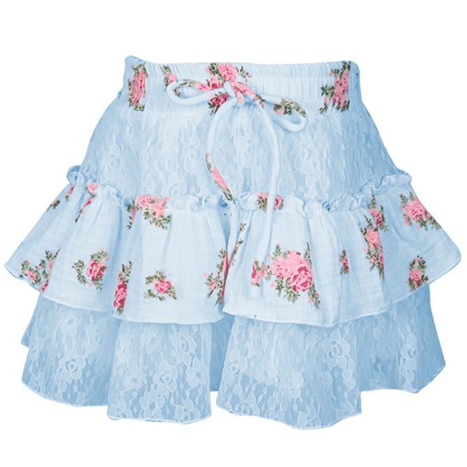 Blue Cabbage Rose Lace Skirt