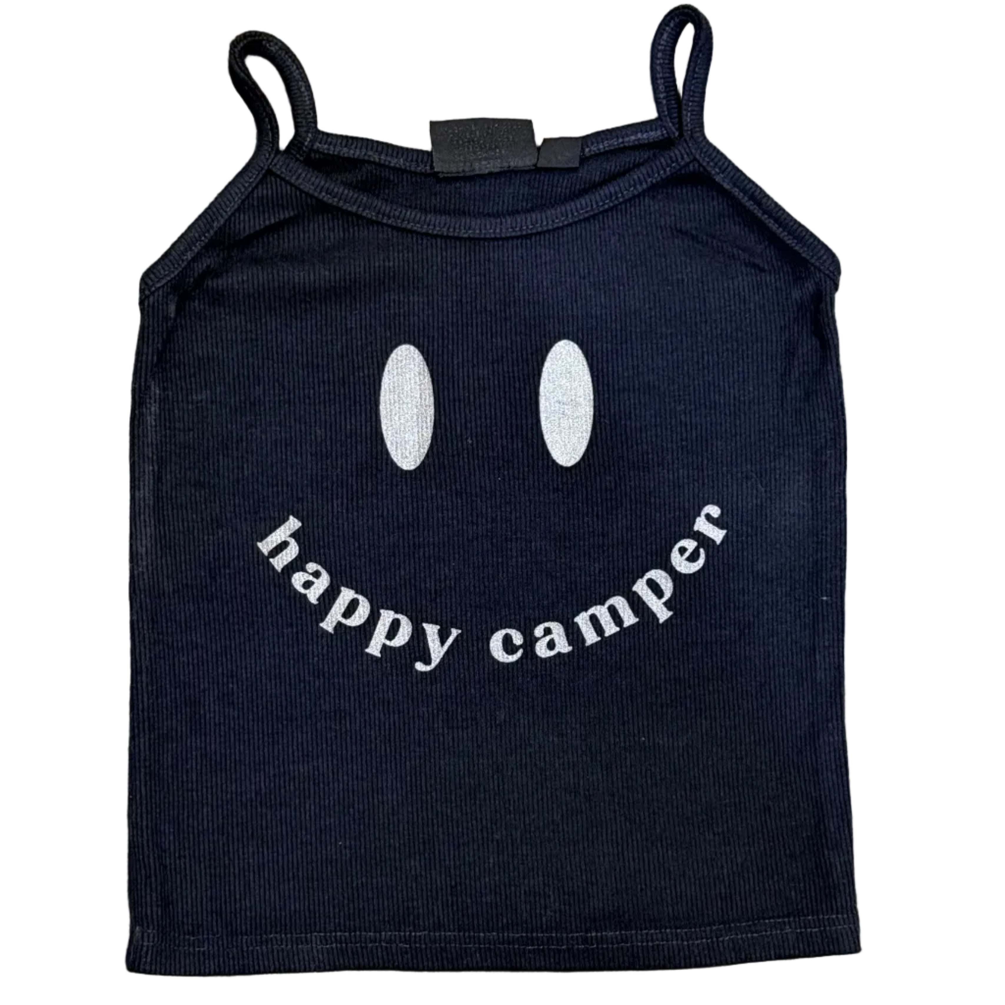 Black tank top with 'happy camper' text and smiley face on a ribbed tank
