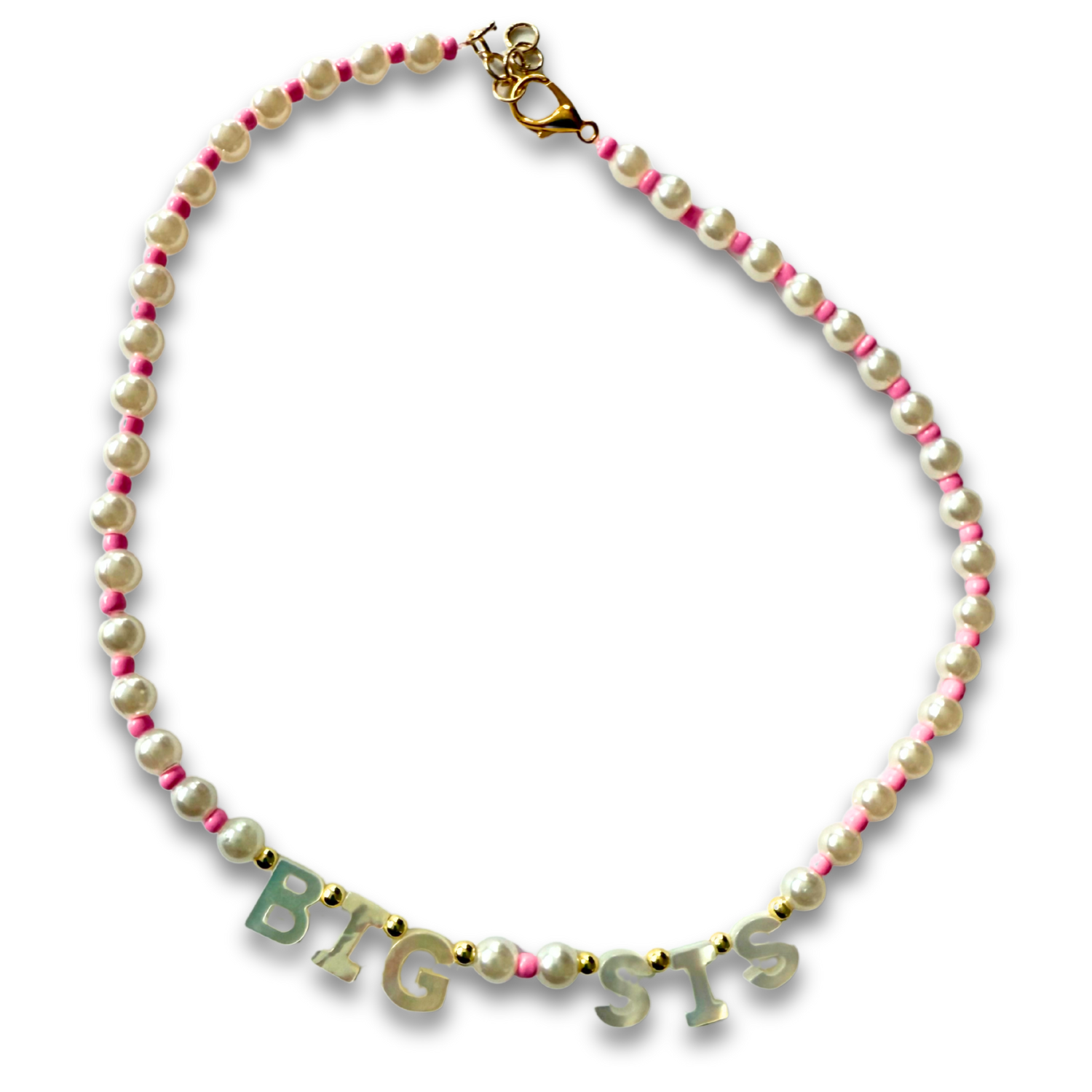 Pearl and Pink Beaded "Sis" Necklace