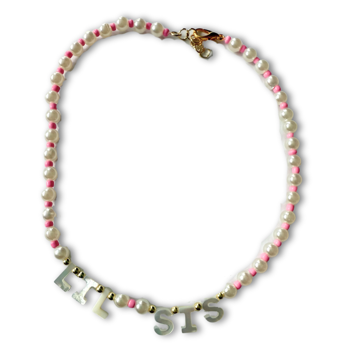 Pearl and Pink Beaded "Sis" Necklace