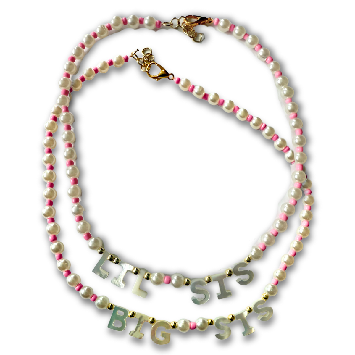 Pearl and Pink Beaded "Sis" Necklace