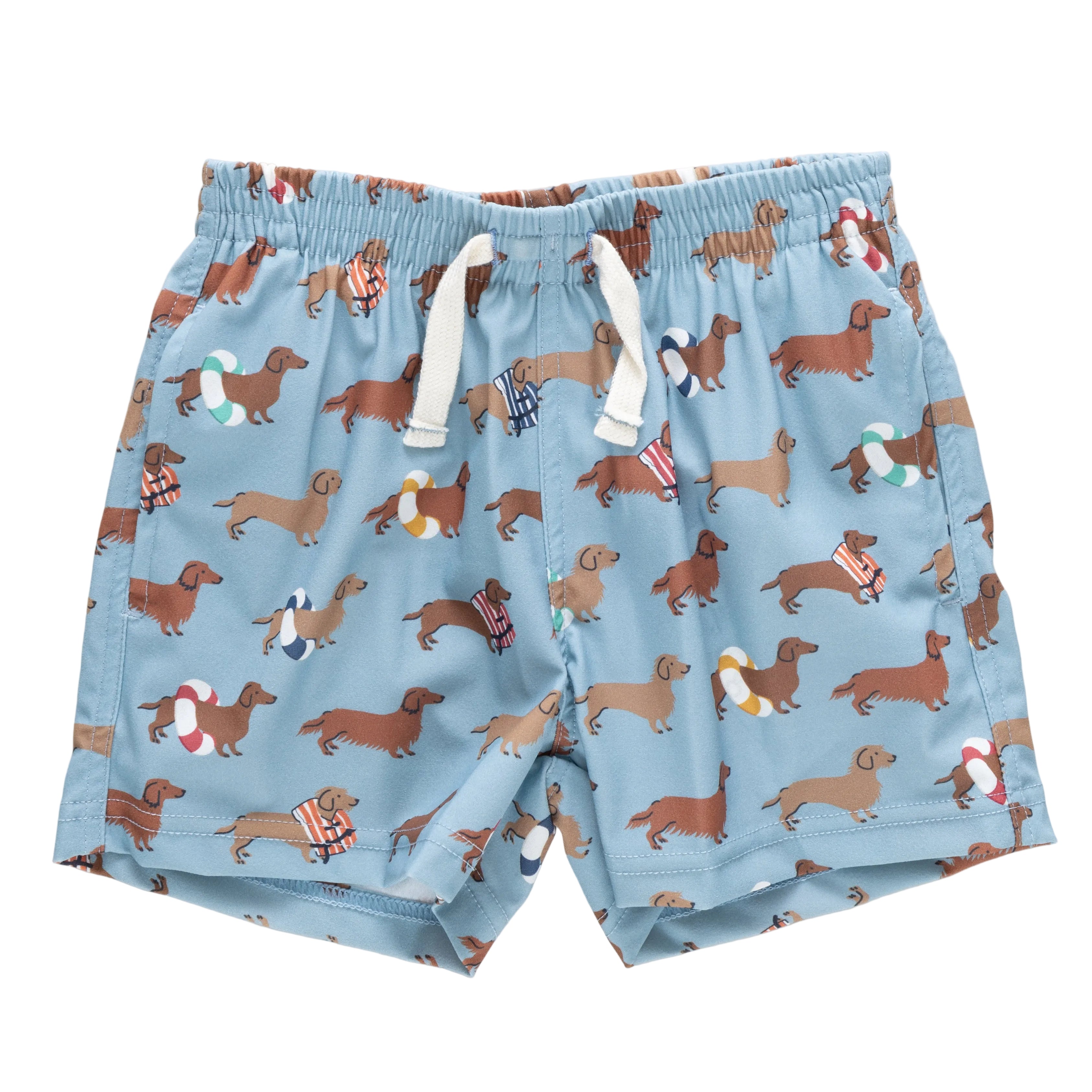 Blue shorts with dachshund pattern on a white background