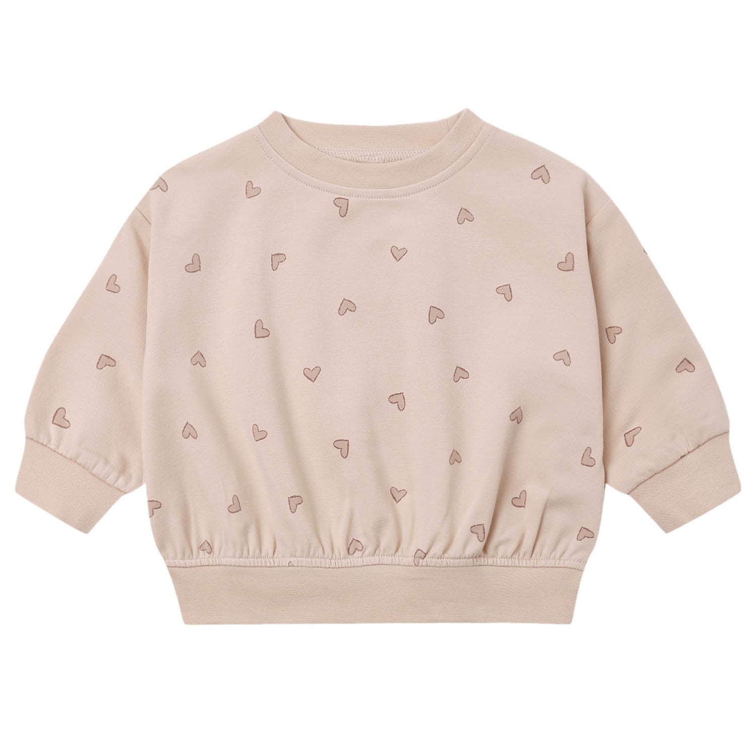 A pink long-sleeve sweatshirt with a subtle all-over pattern of small hearts, displayed flat against a solid white background.