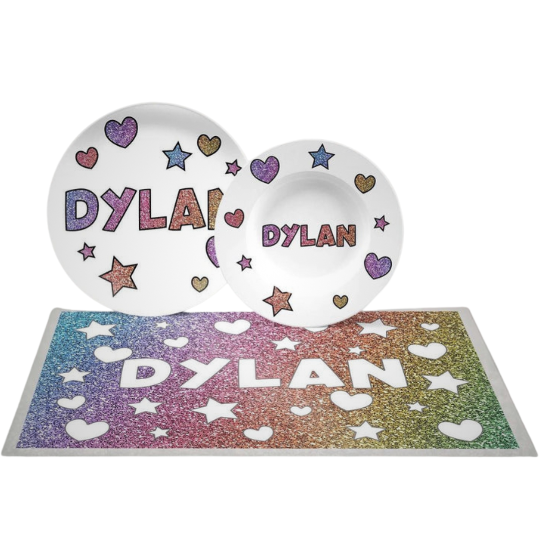 Personalized Sparkle Hearts and Stars Dishware