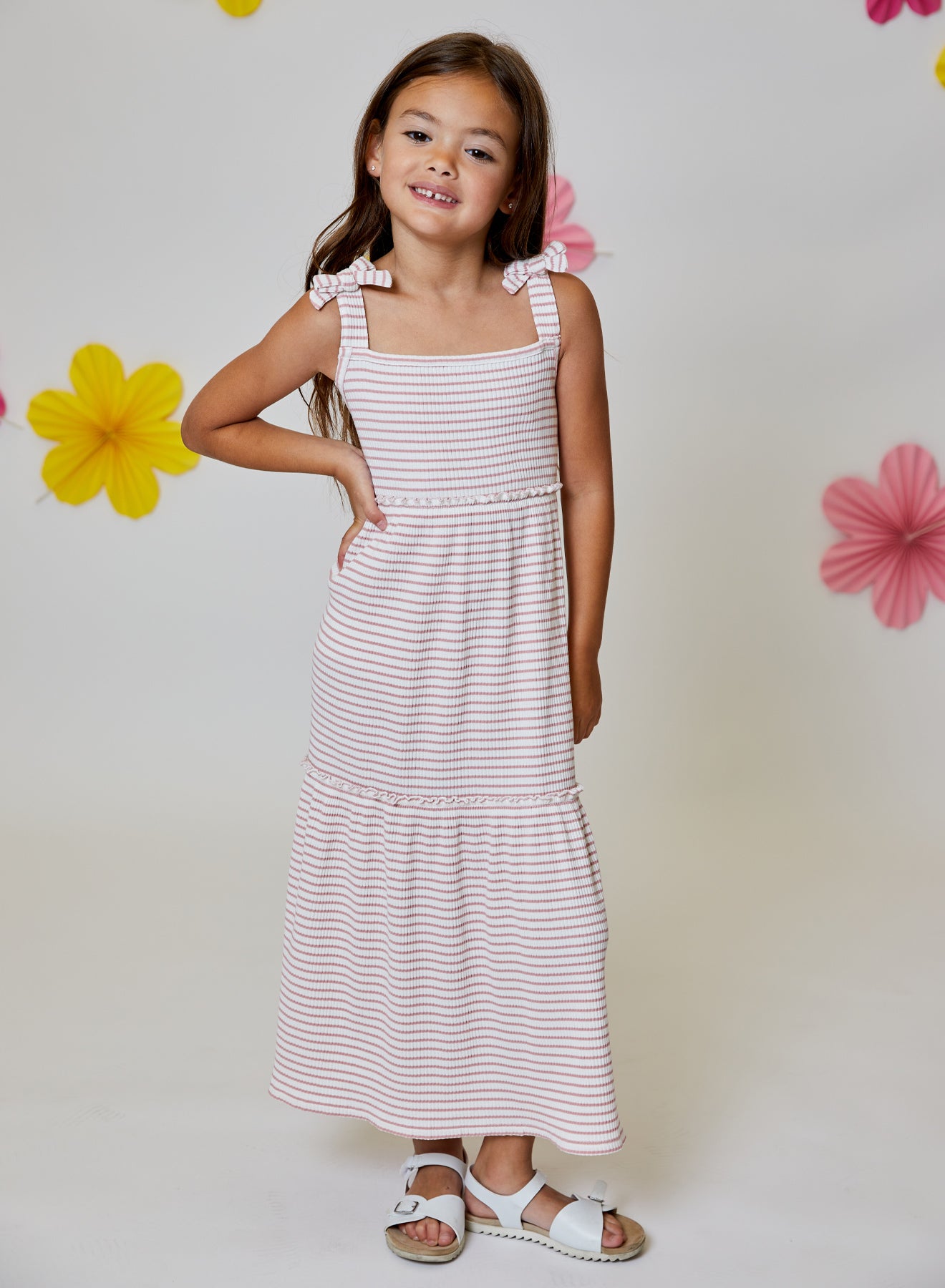 Pink Stripe Tie Shoulder Maxi Dress