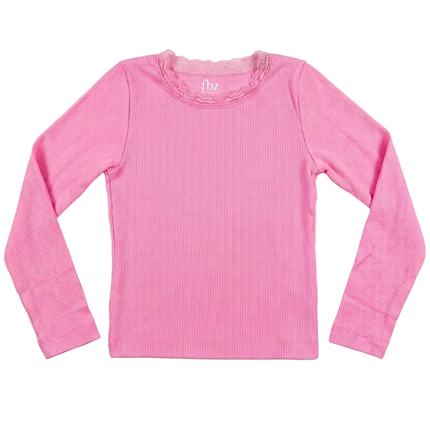 Pink Lace-Trim LS Rib Tee