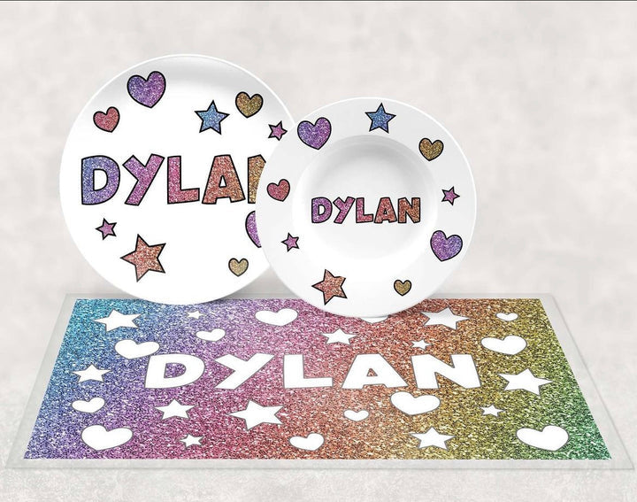 Personalized Sparkle Hearts and Stars Dishware