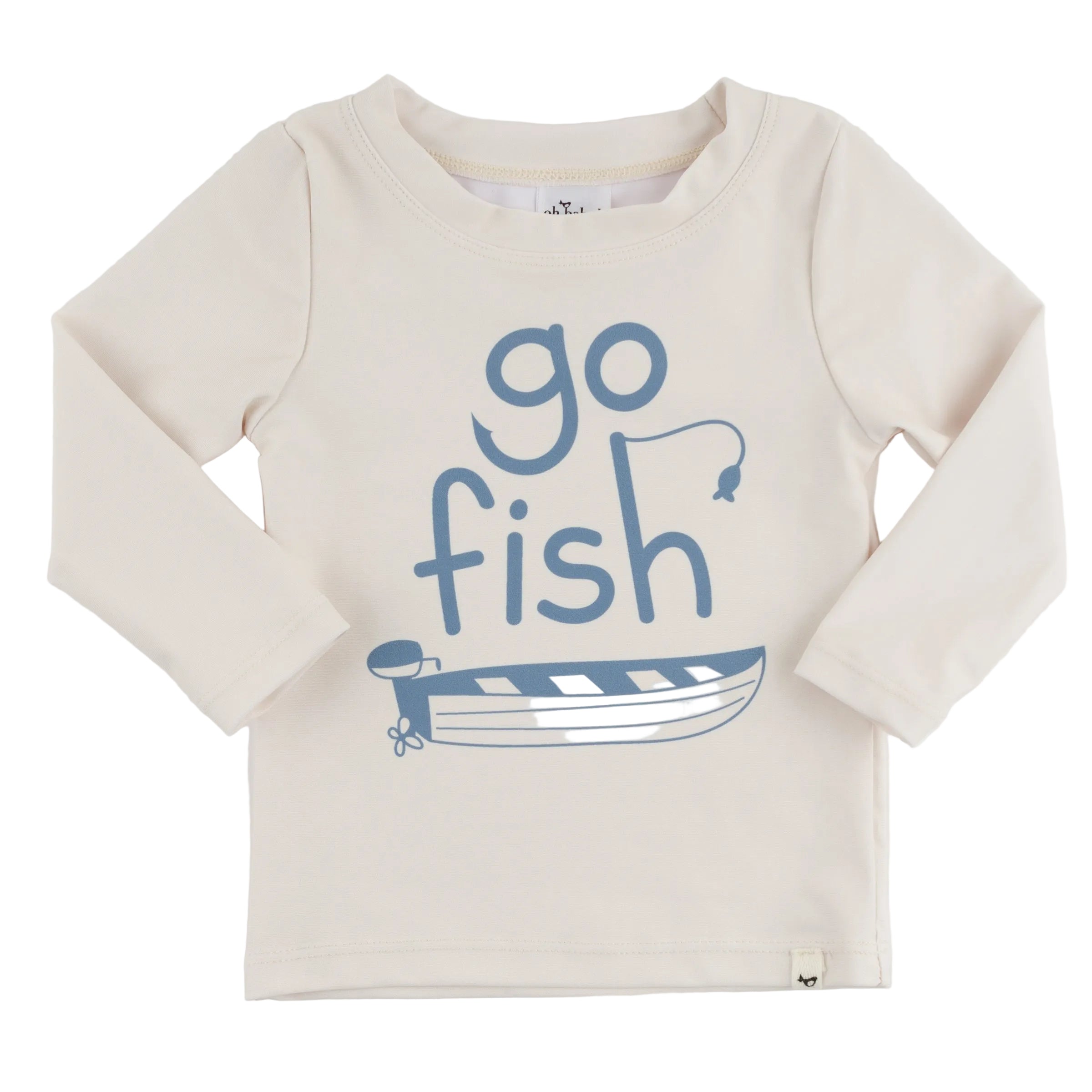 Beige long-sleeve rashguard with 'go fish' text and boat graphic on a white background