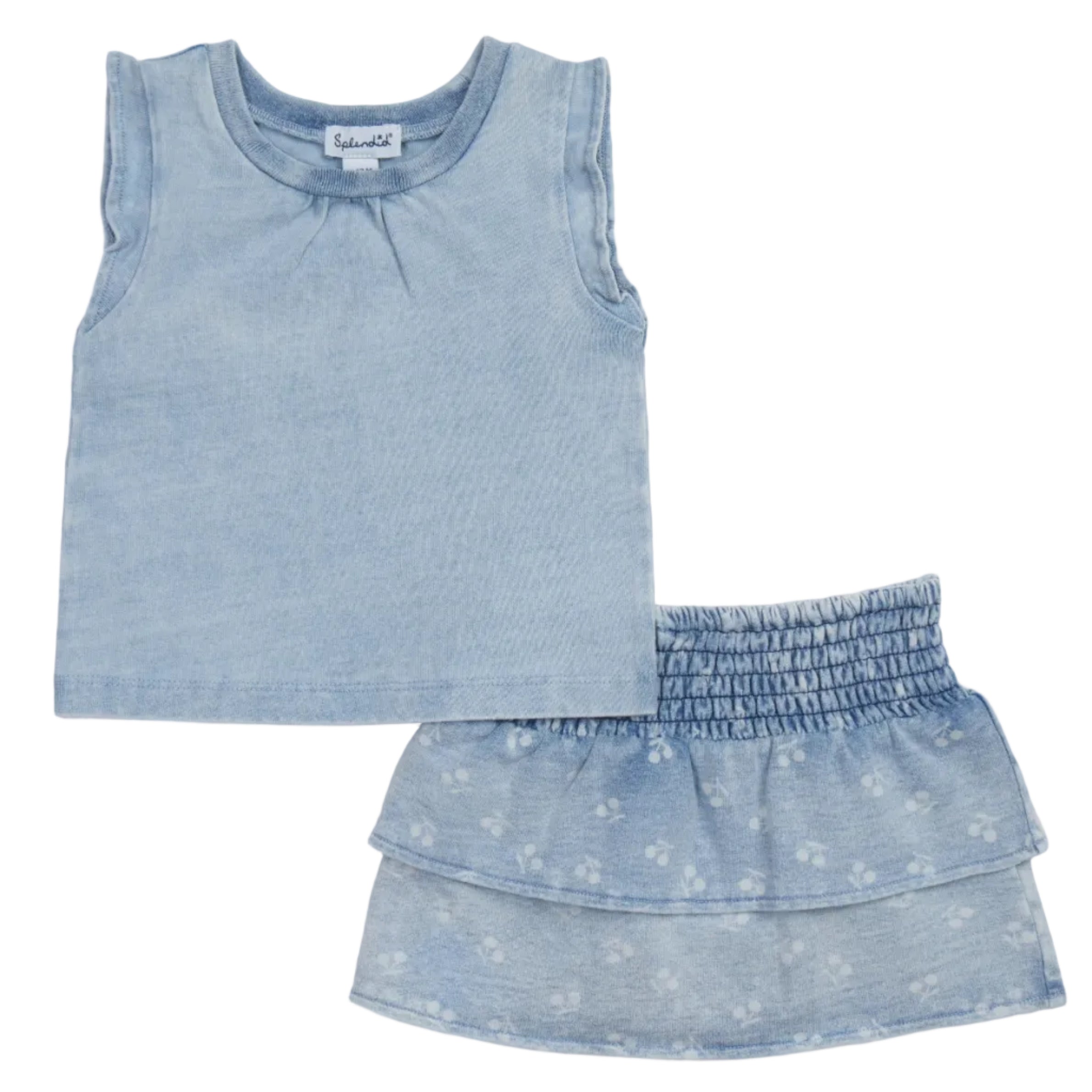 Bleach Wash Cherry Print Skirt Set